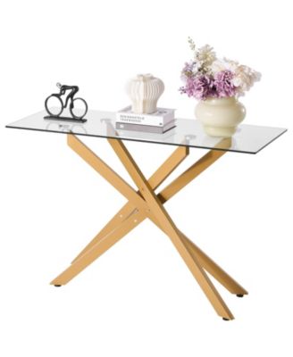 Tempered Glass Rectangle Coffee Table with Metal Cross-Leg Frame