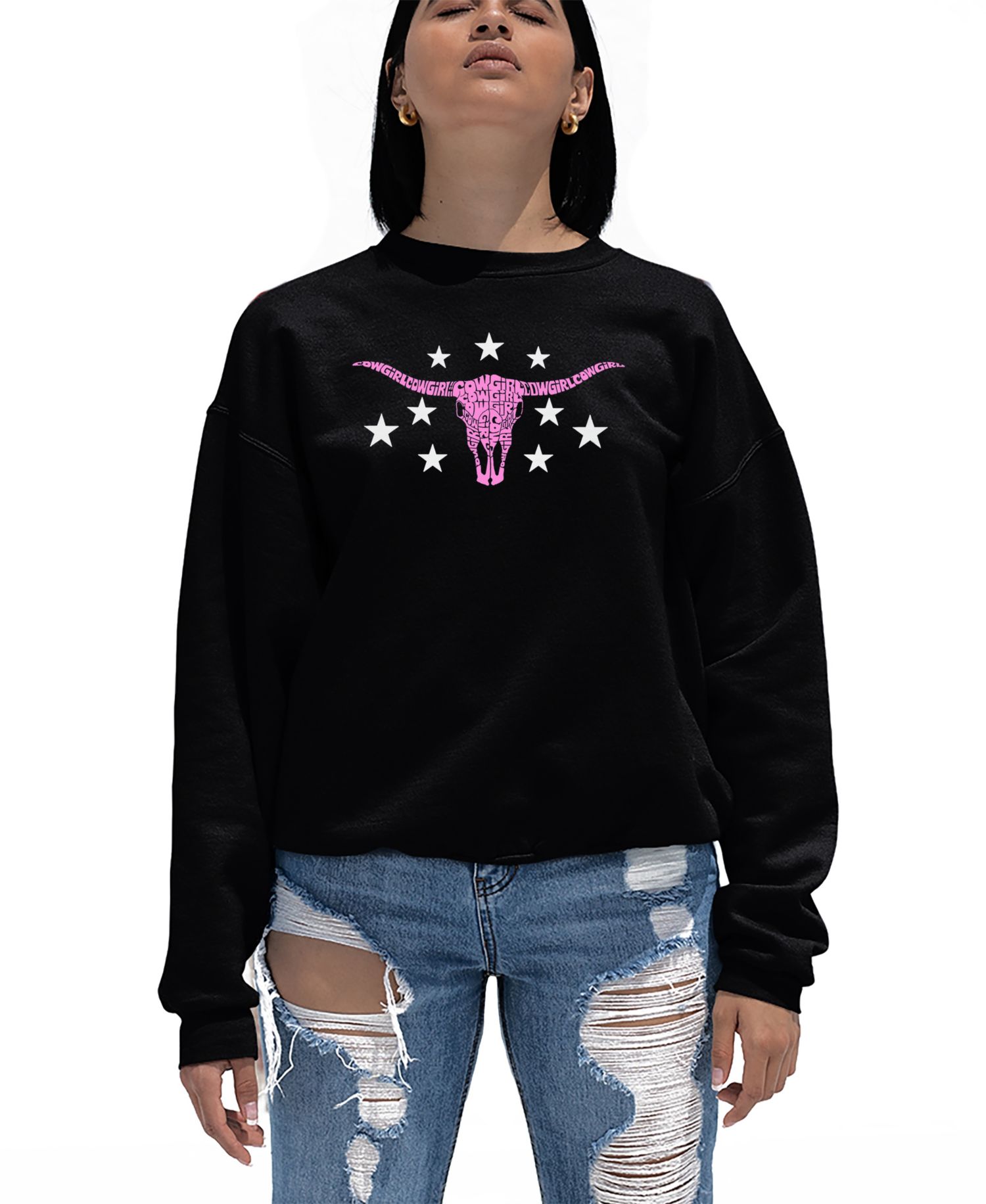 Women's Cowgirl Cowskull Word Art Crewneck Sweatshirt