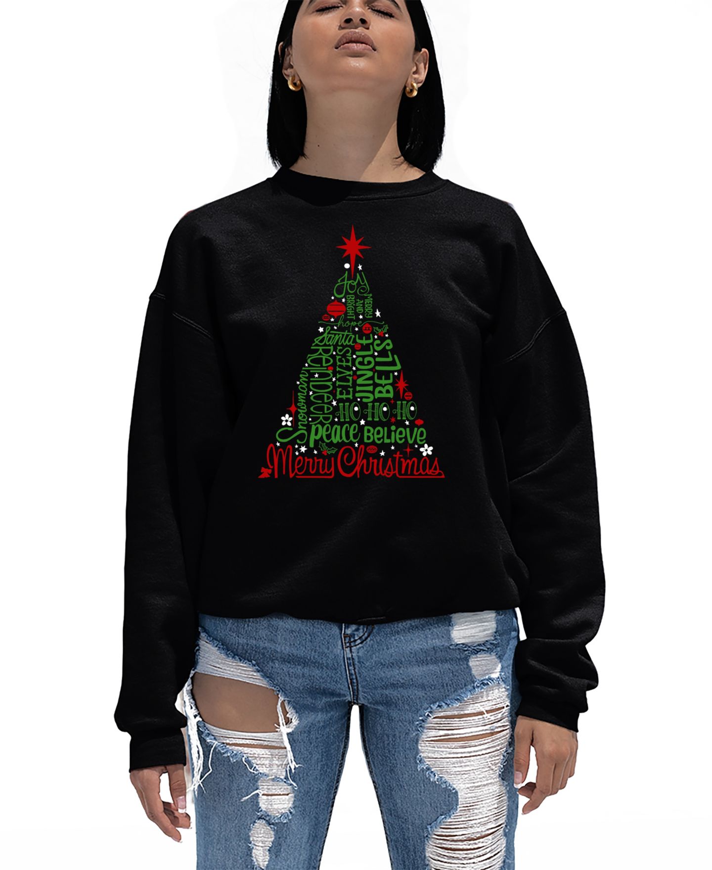 Женская толстовка LA Pop Art Holiday Christmas Tree Word Art Crewneck, цвет: Чёрный — фото 1