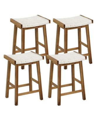 Set of 4 Saddle Bar Stools 25.5'' Counter Height Dining Stools w/ Seaweed Woven Seat