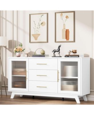 Modern Sideboard Buffet Cabinet with 3 Drawers Adjustable Shelves and Fluted Glass Doors