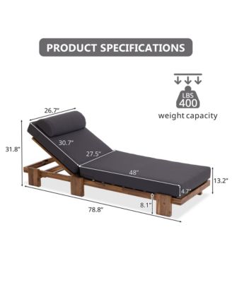 78.8'' Outdoor Chaise Lounge Chair, Acacia Wood Reclining Chair with Headrest, Retractable Side Tray and Adjustable Backrest for Beach