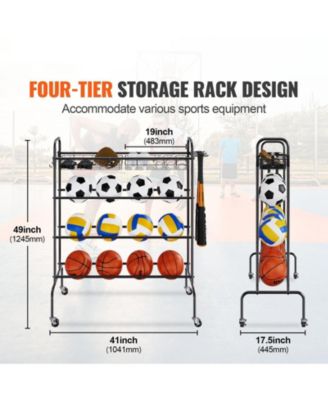 4-Tier Rolling Basketball Rack with Wheels, Hooks & Baskets, Sports Equipment Storage Organizer for Garage, Balls & Gear