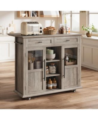 Kitchen Island Cart on Wheels with Foldable Table, 2-Tier Rolling Kitchen Cart with Storage Shelf & Towel Rack, Mobile Workstation