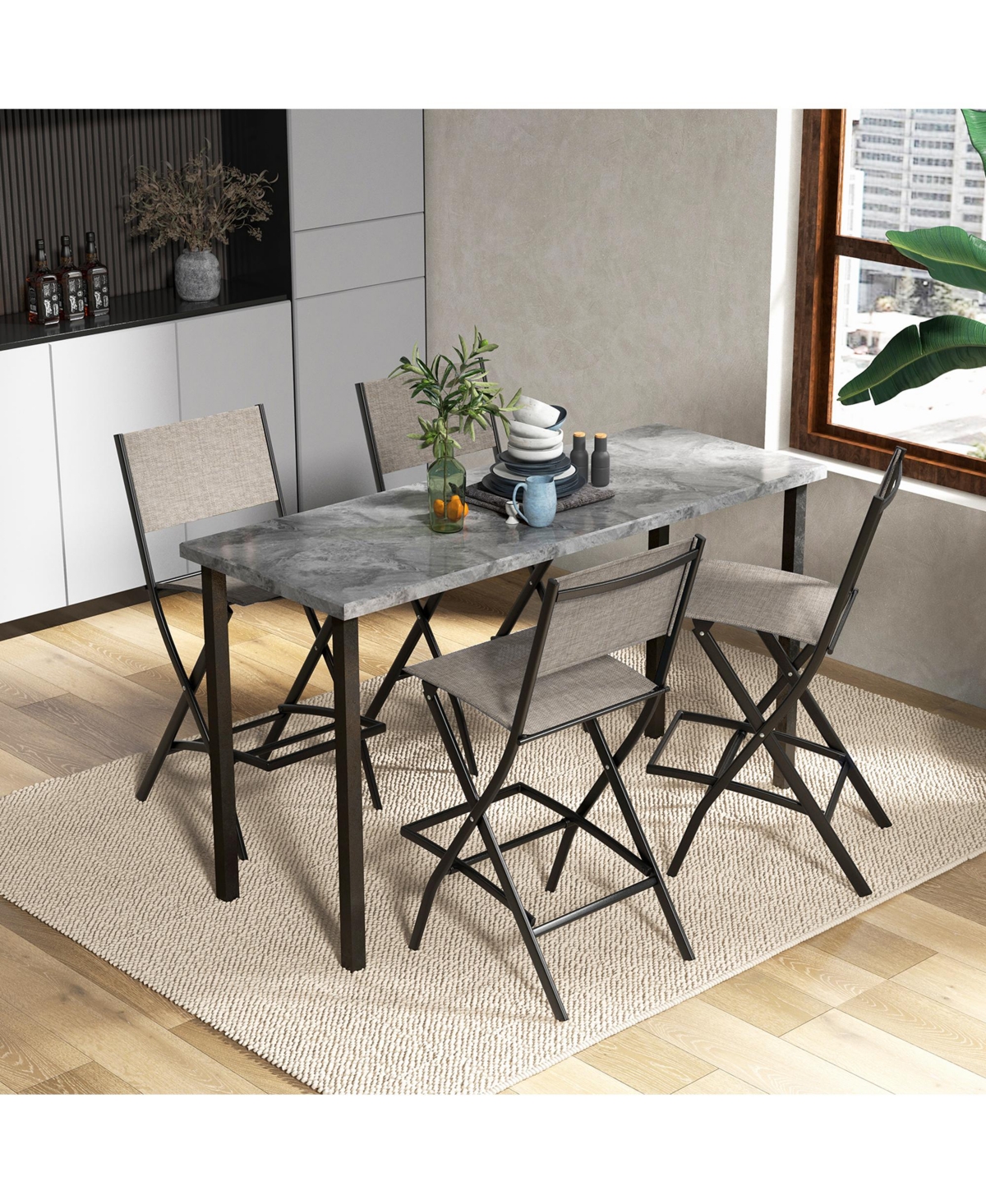 Gymax Folding Bar Stools Set of 4 Patio Sling Chairs w/ Backrest Humanized Footrest