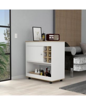 Light Oak and White 6-Bottle 1-Shelf Bar Cart with 1 Cabinet