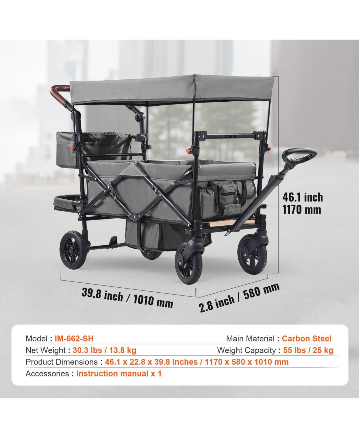 Wagon Stroller for 2 Kids, Collapsible Push Pull Quad Stroller with Adjustable Handle, Harness, Removable Canopy