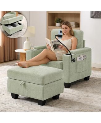Multi-Functional Accent Chair and Storage Ottoman, Convertible Chaise Sleeper with USB and Phone Stand for Living Room and Apartment