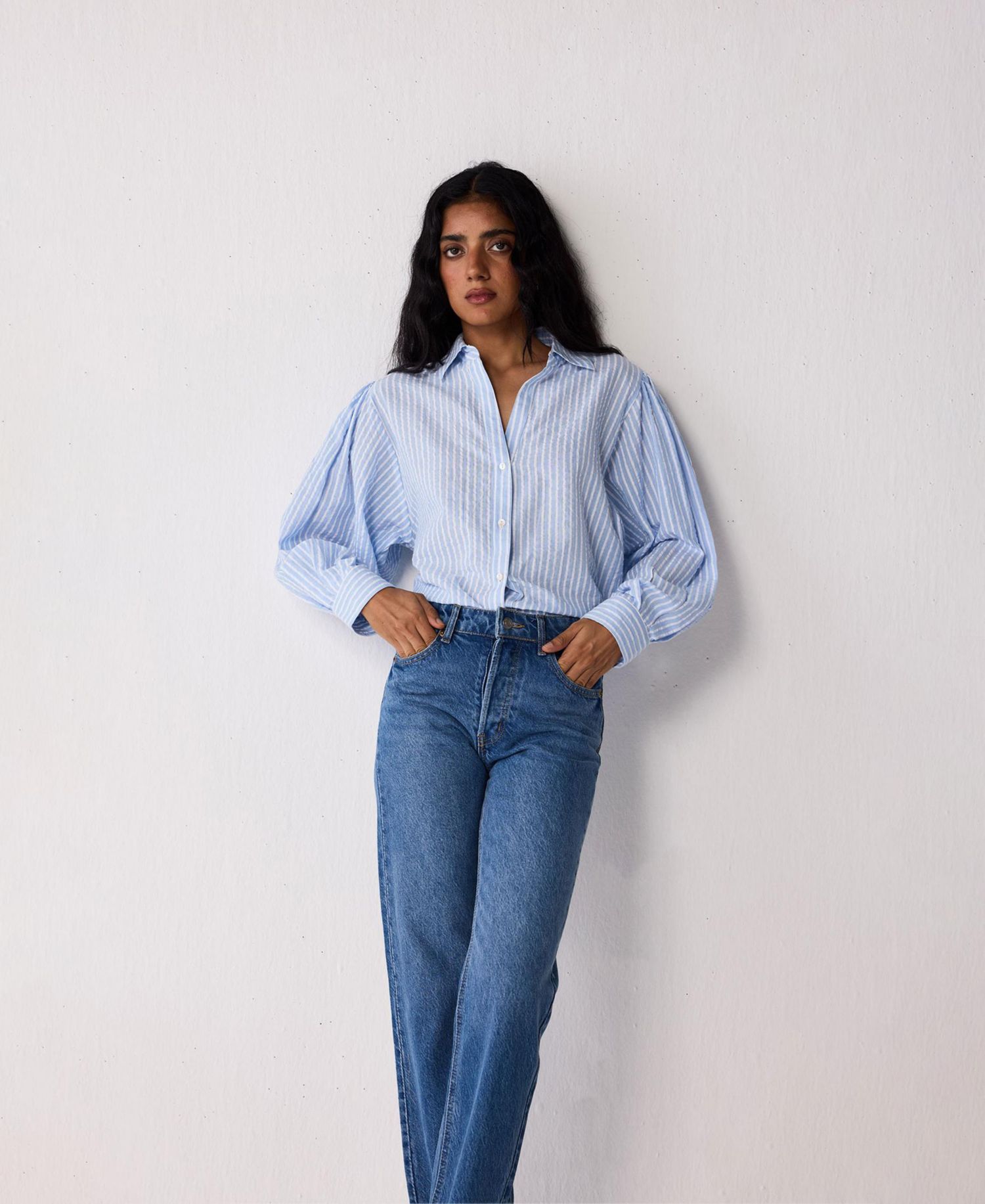 Women's Long Balloon Sleeves Striped Shirt