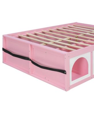 Modern Wooden Full Size Platform Bed Frame for Kids Teens, Integrated with Bookshelf, Side Display Cabinet, LED Lighting and Storage Drawer