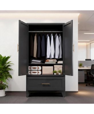 Wardrobe Cabinet, 60" Tall Armoire Wardrobe Closet with 1 Drawer, 2 Doors and Hanging Rod, Farmhouse Clothing Storage Cabinet for Bedroom