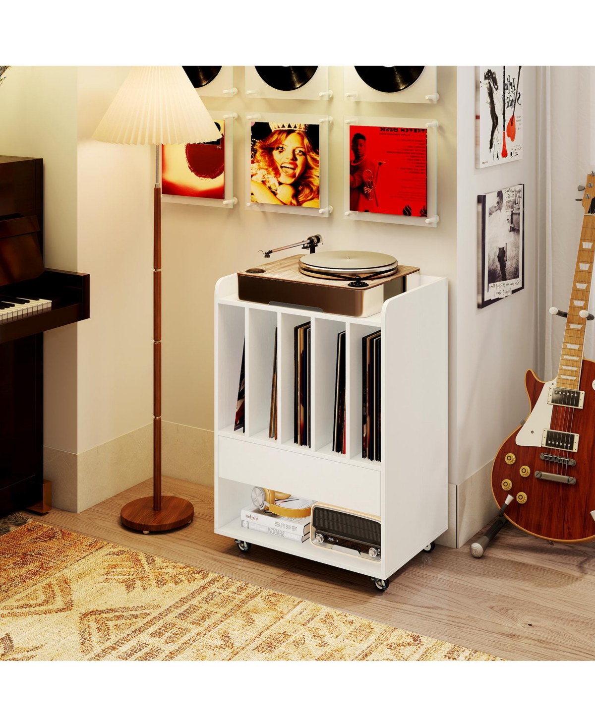 Sugift Record Player Stand Turntable Stand with Drawer and Record Holder