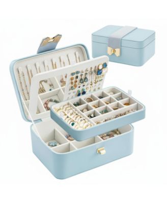 2 Layer Jewelry Organizer Box with Bow Clasp Mirror Storage for Earrings Rings Necklaces Gift
