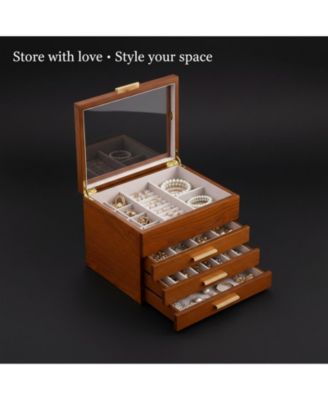 3-Layer Clear Window Wood Grain Jewelry Organizer Box for Earrings Bracelets Necklaces Rings High Capacity Storage Gift