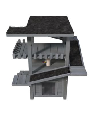Outdoor Cat House 4 Tiers, Weatherproof Cat Tree Tower with Waterproof Roof, Multi-Level Play Zones with Balcony and 2 Doors, Grey