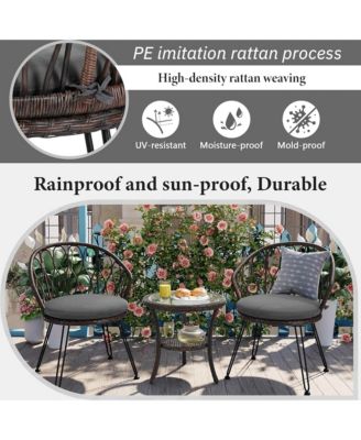 Rattan Balcony Furniture Set of 3, Weather Resistant Wicker Bistro Chairs with Round Glass Table, Perfect for Patio, Backyard and Garden