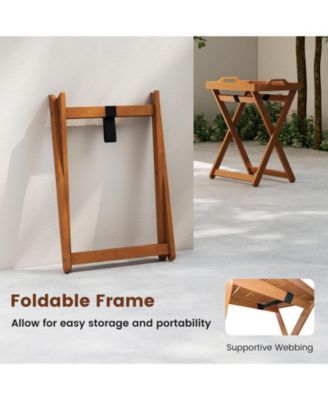 Outdoor Wood Tray Table Portable Side End Table with Folding Frame