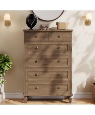 Bedroom 47" Tall 6 Drawer Dresser, Vintage Wood Chest of Drawers with Carved Handles.