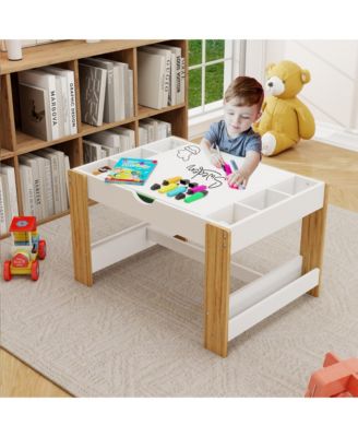 Kids 2 in 1 Play Table with 7 Storage Compartments and Bookshelf, Modern Activity Learning Table Game Furniture