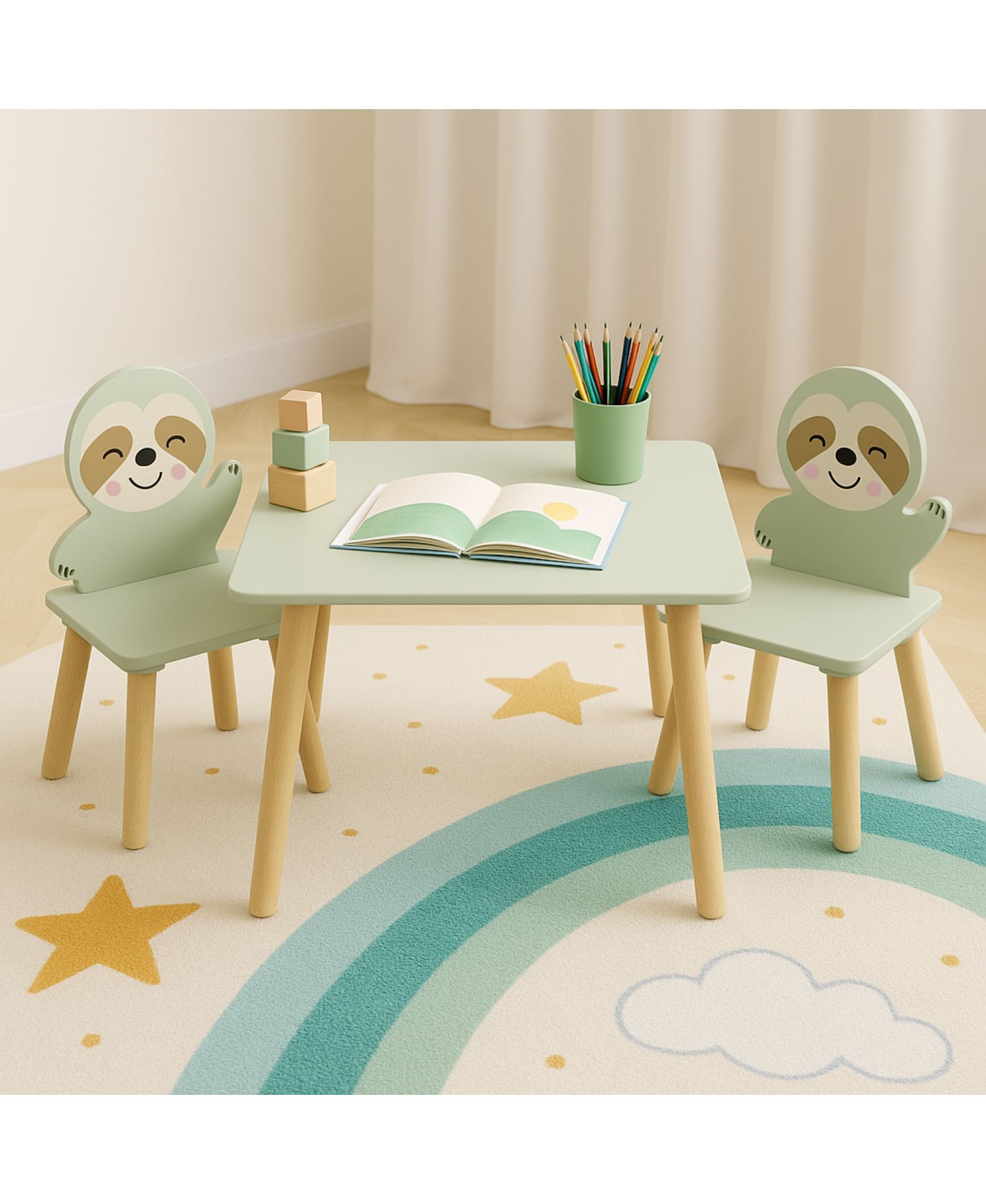 Kids Table and Chair Set, with 2 Cute Sloth Chairs, Wood Activity Tables Drawing Play Table Set, for Age 2-6 Boy Girl