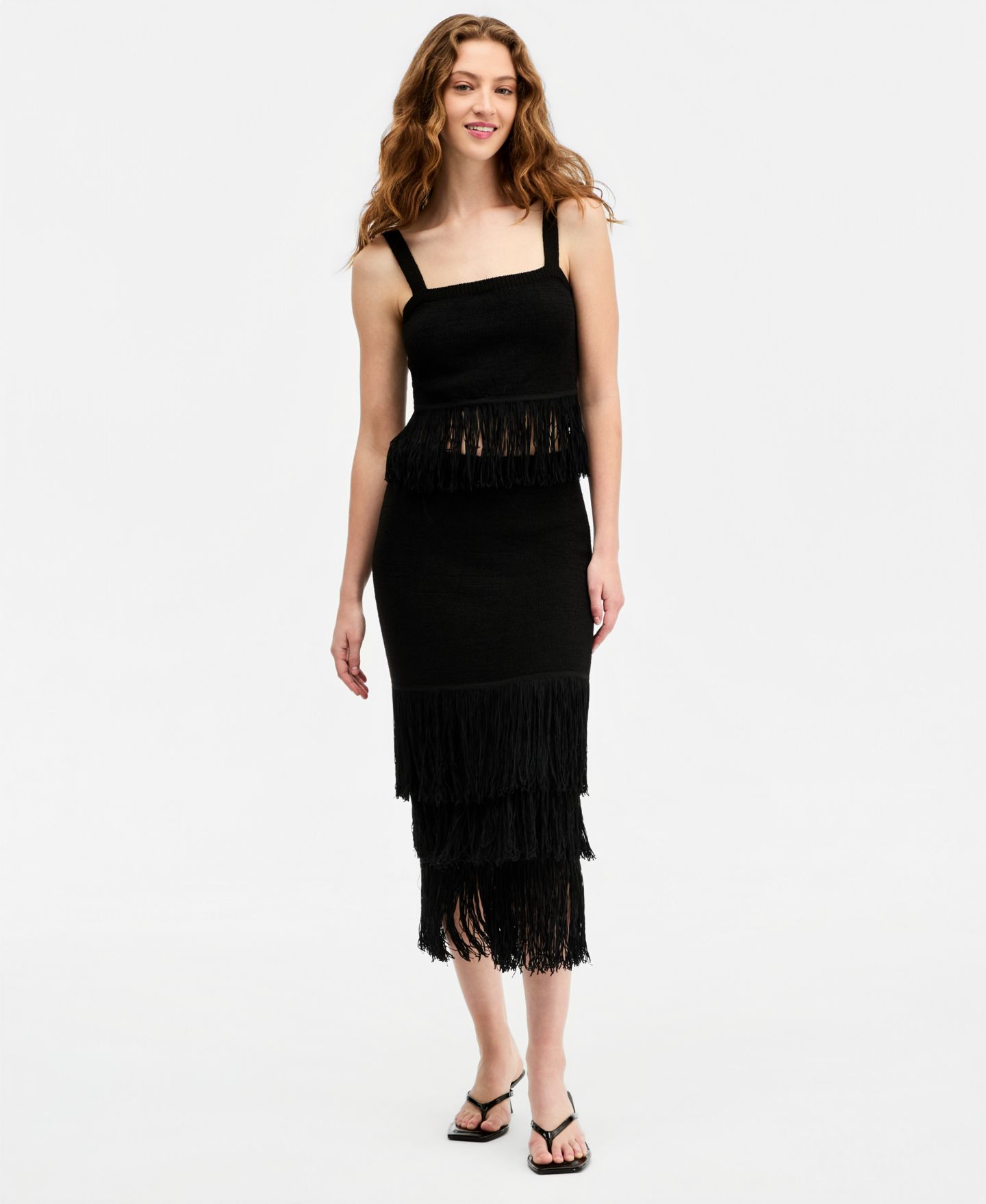Женская юбка Bar III Pull-On Tiered-Fringe Sweater Skirt, цвет: Чёрный — фото 1
