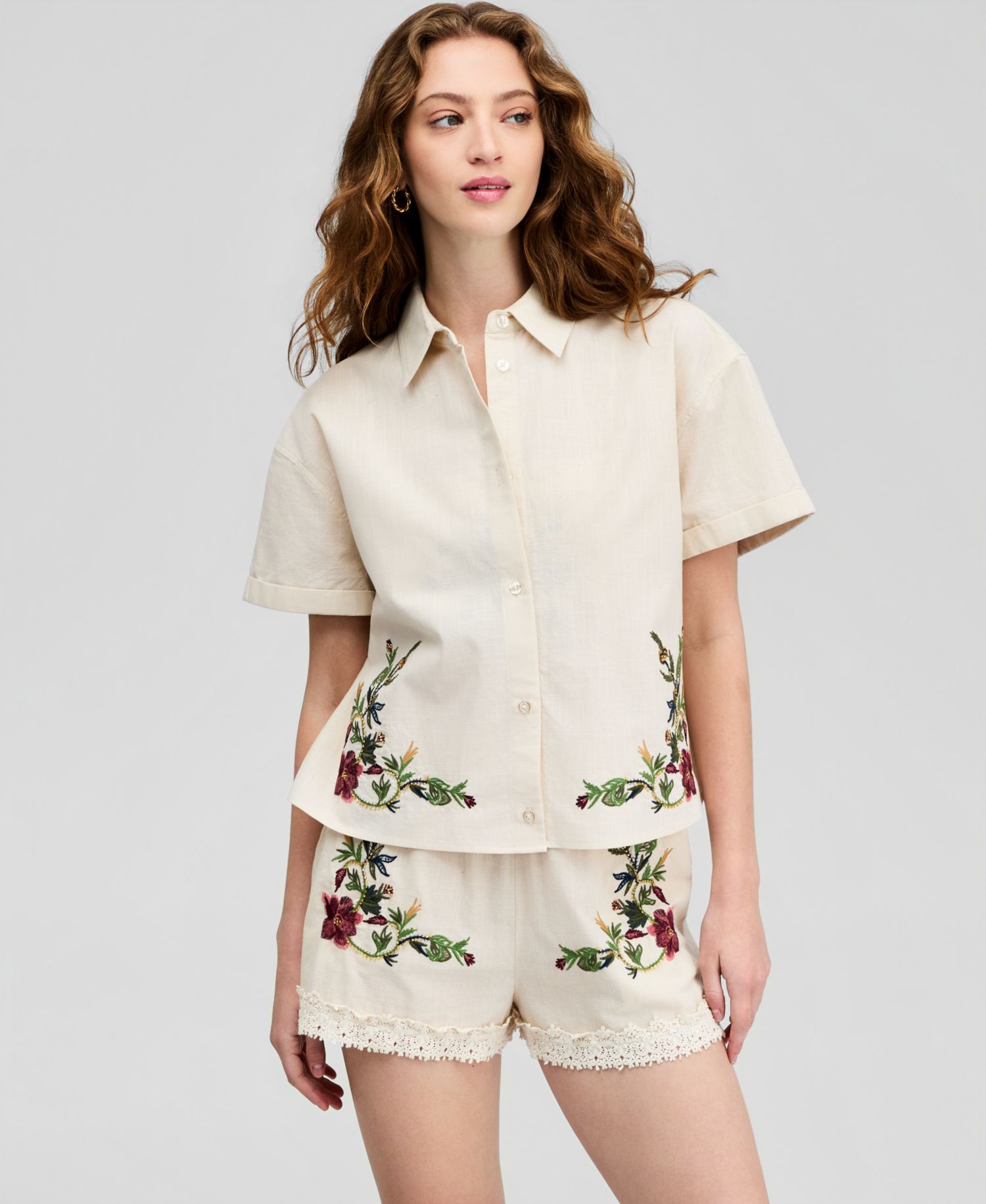 Women's Floral Embroidered Camp Shirt
