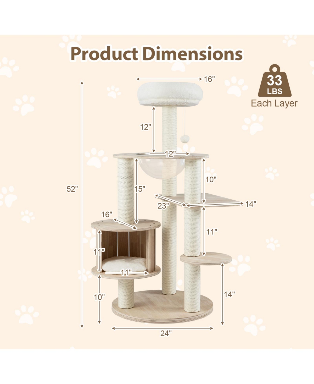Cozito Cat Tree 52 in Wooden Multi-Level with Plush Cushions