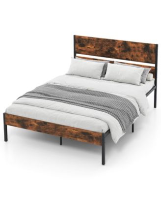 Full Size Metal Bed Frame with Wooden Headboard and Footboard