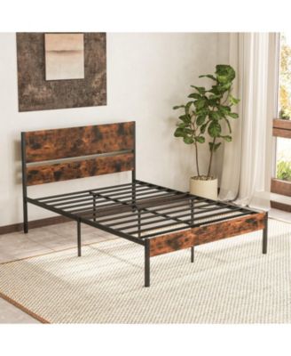 Full Size Metal Bed Frame with Wooden Headboard and Footboard
