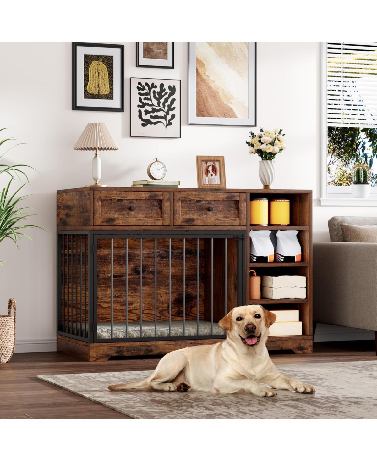 gaomon Dog Crate Furniture 47", Large Tv Stand with 2 Drawers and 4 Shelves, Wooden Kennel Indoor, Decorative Cage