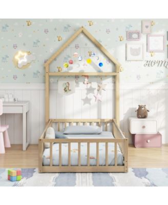 Twin House Floor Bed with House-Shaped Headboard