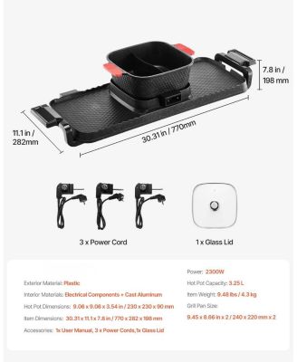 2300W 2-in-1 Electric Hot Pot with Grill, Removable Pot, Dual Temperature Control, Serves 1-6