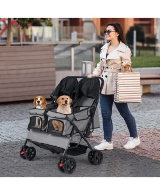 Foldable Double Pet Stroller with Sunshade and Basket