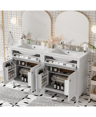 60 Inch Double Sink Bathroom Vanity with Ceramic Sinks, Solid Wood Frame, Flip-Out Drawer and Adjustable Shelf