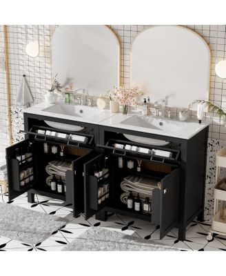 60 Inch Double Sink Bathroom Vanity with Ceramic Sinks, Solid Wood Frame, Flip-Out Drawer and Adjustable Shelf