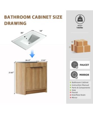 30 Inch Floor Standing Bathroom Vanity with 3D Grooved Panel Integrated Ceramic Sink Modern Freestanding Cabinet