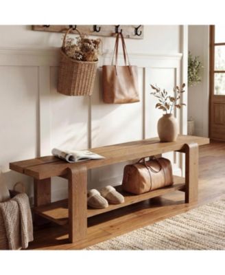 Solid Wood Entryway Bench with Shoe Storage Shelf, 63-Inch Long Farmhouse Entry Shoe Bench, End of Bed Bench