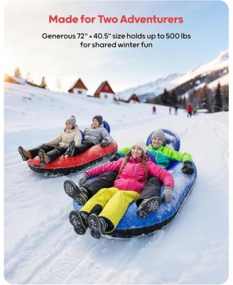 2-Person Inflatable Snow Tube with Dual Backrests and Tow Rope, Heavy Duty Canvas-Covered Blow Up Snow Sled
