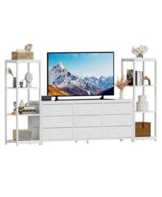 TV Stand Dresser for Up to 75" TV, 9 Fabric Drawers, 2 4-Tier Shelves, Wood Look