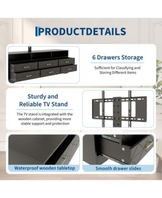 Home 32" to 80" Entertainment Center, Wood Media Console Dresser with 6 Drawers and Adjustable Bracket.