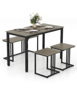 4 Pieces Space-Saving Dining Table Set with Bench and 2 Stools-Oak