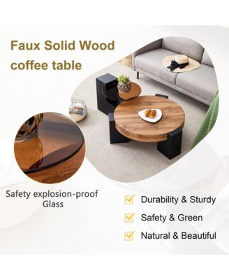 Modern 2-Tier Coffee Table, Round Wooden Top with Black Block Legs and Glass Side Table for Living Room, Apartment