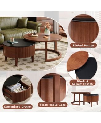 Round Nesting Coffee Table Set with Two Tone Wood and Storage Drawer
