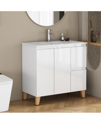 Inch Bathroom Vanity with Sink, Glossy Storage Cabinet, Soft Close Drawer, Solid Wood Legs for Modern Bathrooms