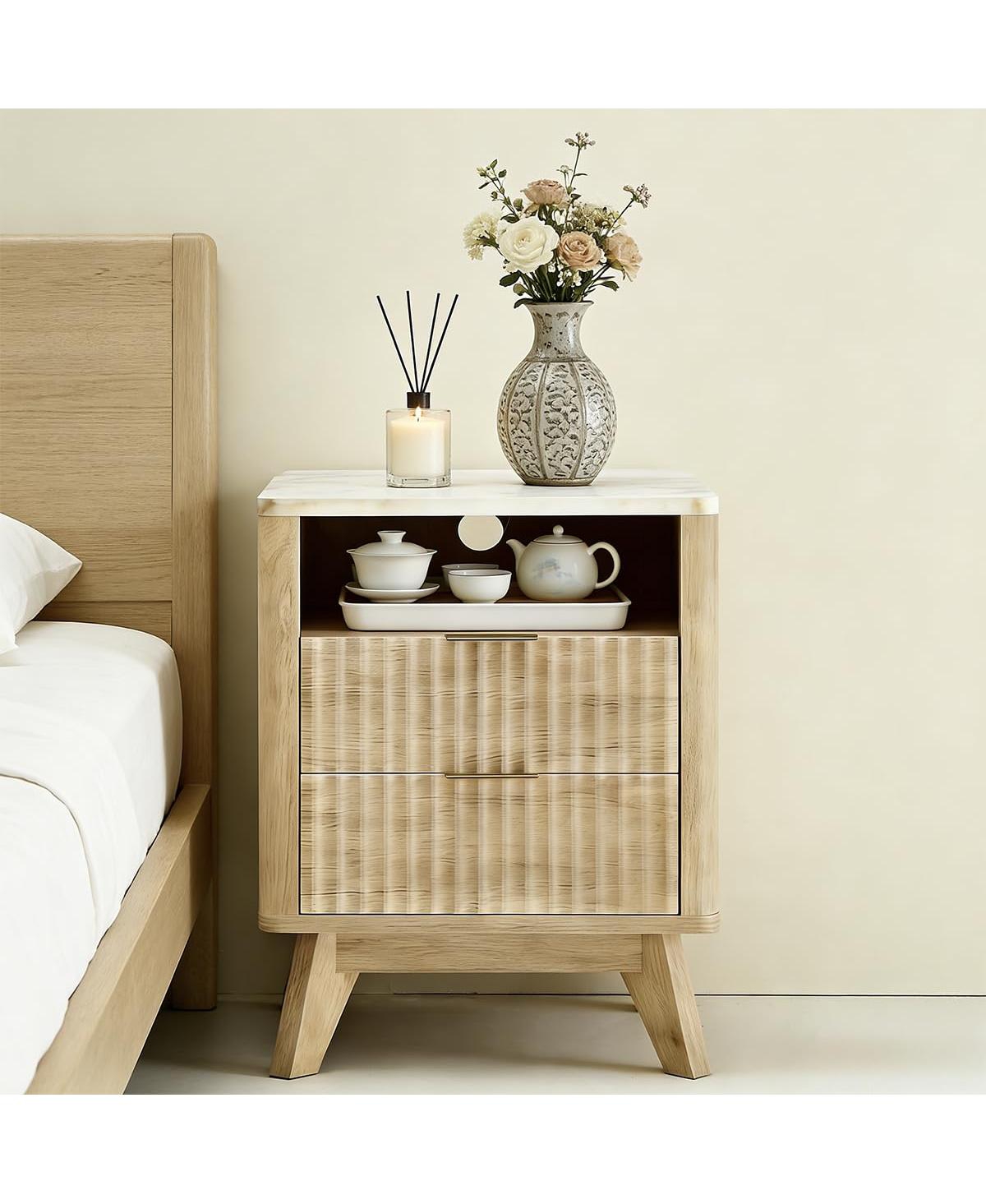 gaomon 18" Small Nightstand for Bedroom, 2 Drawer Bedside Table, Faux Marble Top, Curved Oak Finish