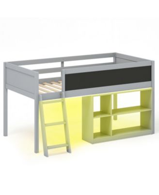 Twin Size Loft Bed with LED Lights and Storage Shelves