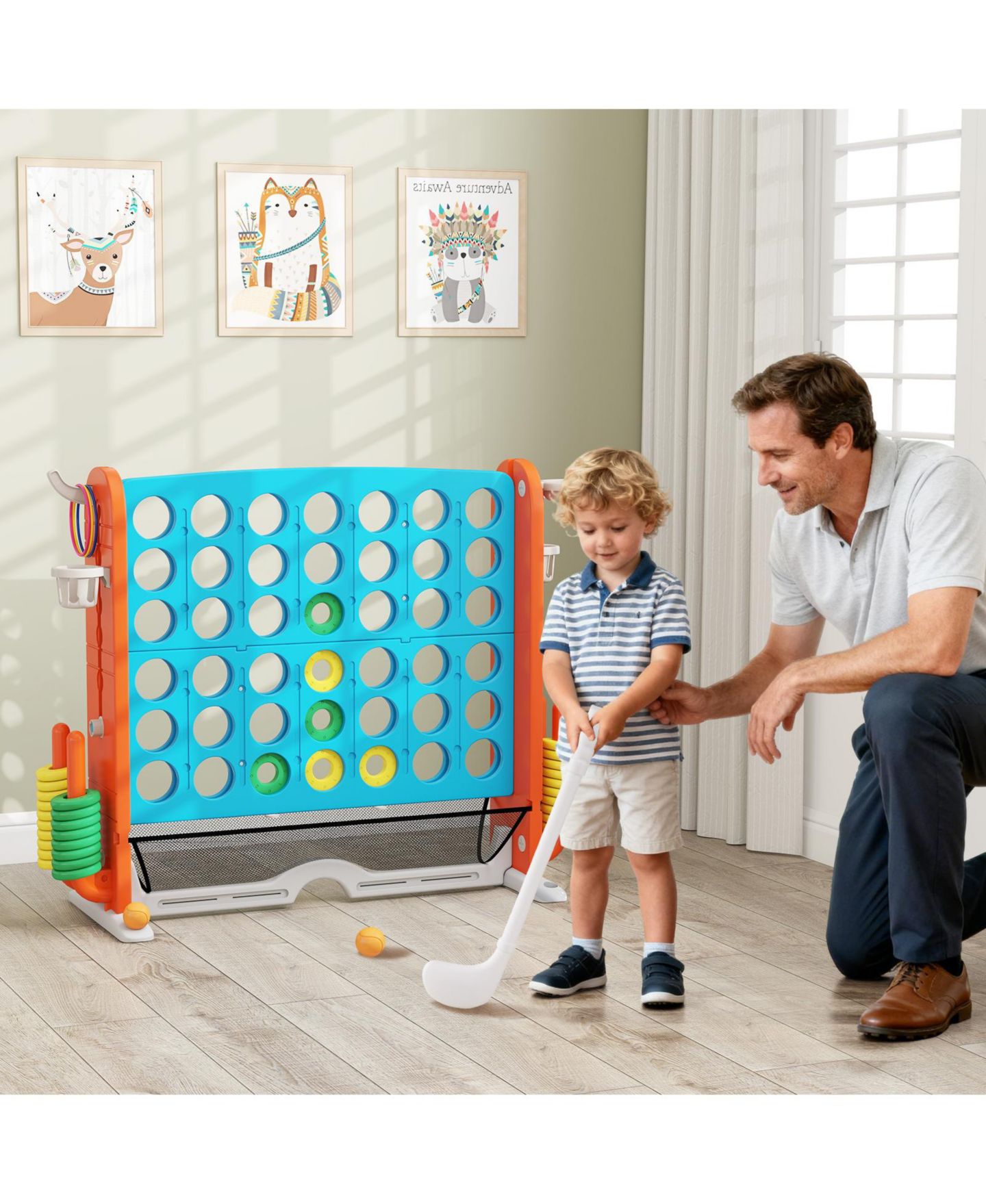 Детские игрушки Slickblue Jumbo 4-to-Score with Ring Toss and Basketball Hoop Game Set, Ages 3+, цвет: Синий / Оранжевый — фото 2