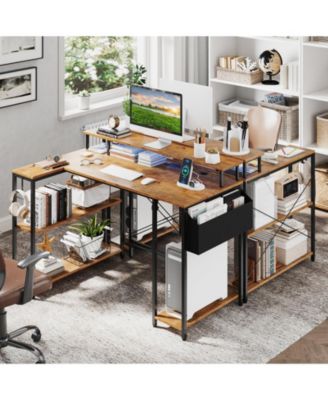 L-Shaped Gaming Desk with LED Lights and Built-In Power Outlets, Corner Workstation