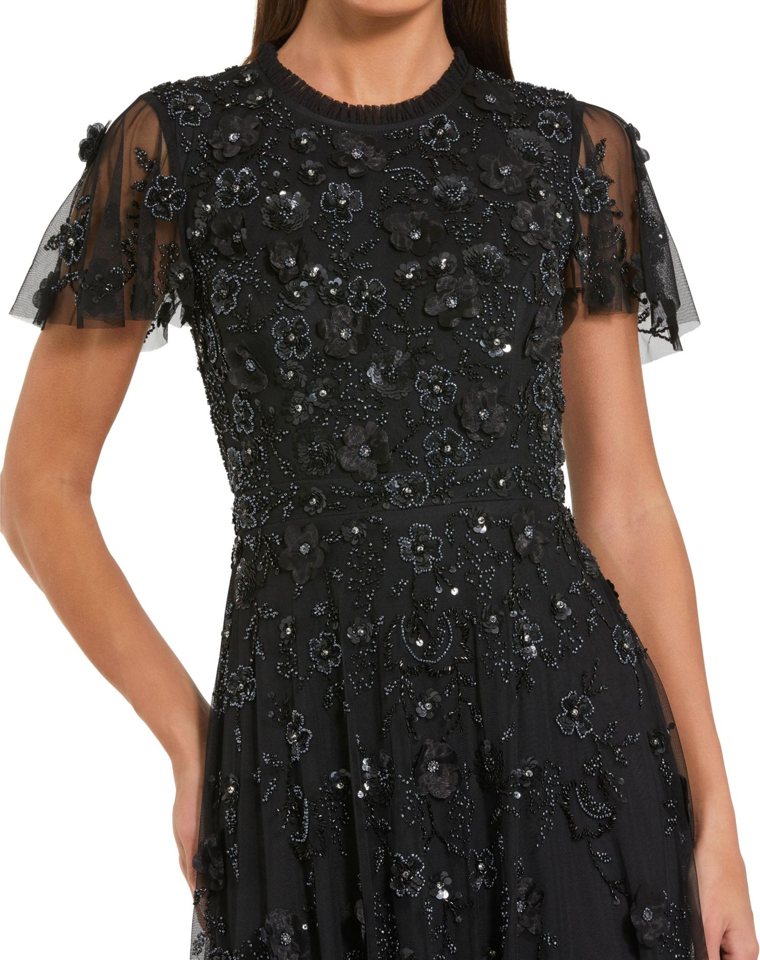 Petite Embellished High Neck A-Line Dress with Flutter Sleeves