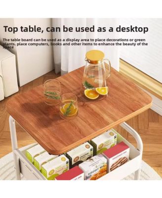 3-Tier Rolling Cart w/Wooden Tabletop, Utility Cart w/Lockable Wheels, Multipurpose Storage Organizer Trolley for Kitchen, Office, Bedroom